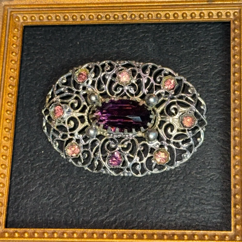 Vintage Victorian Silver Glass Amethyst Antique Brooch - Picture 5 of 16